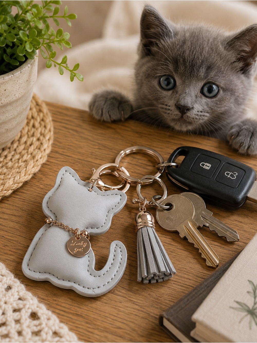 Gray Faux Leather Cat Keychain Bag Charm Tassel Gold Tone Cute Kawaii